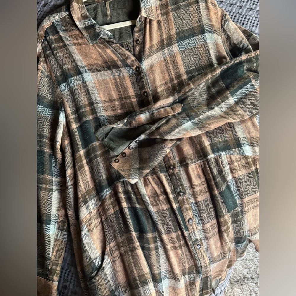 Free People Plaid Button Down Flannel with Pockets and Bell Cuffs